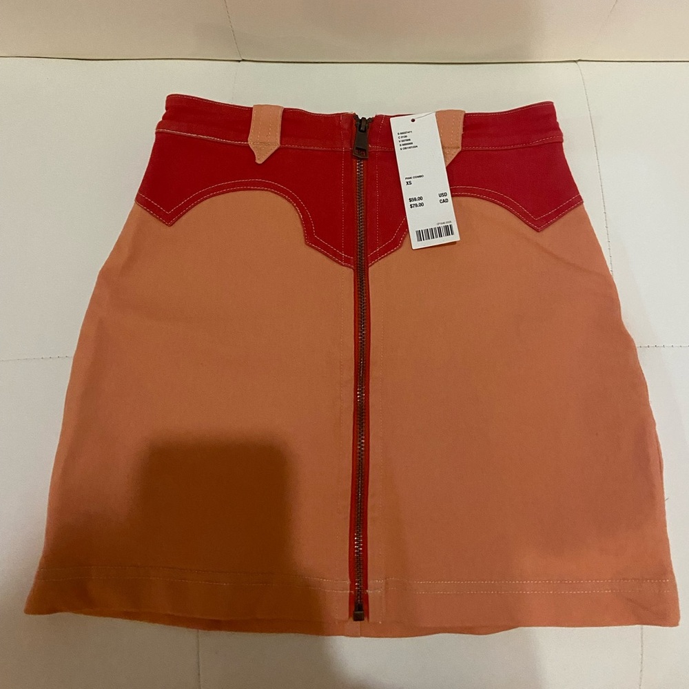 BDG mini skirt pink orange size XS zipper front back pockets jean look NWT